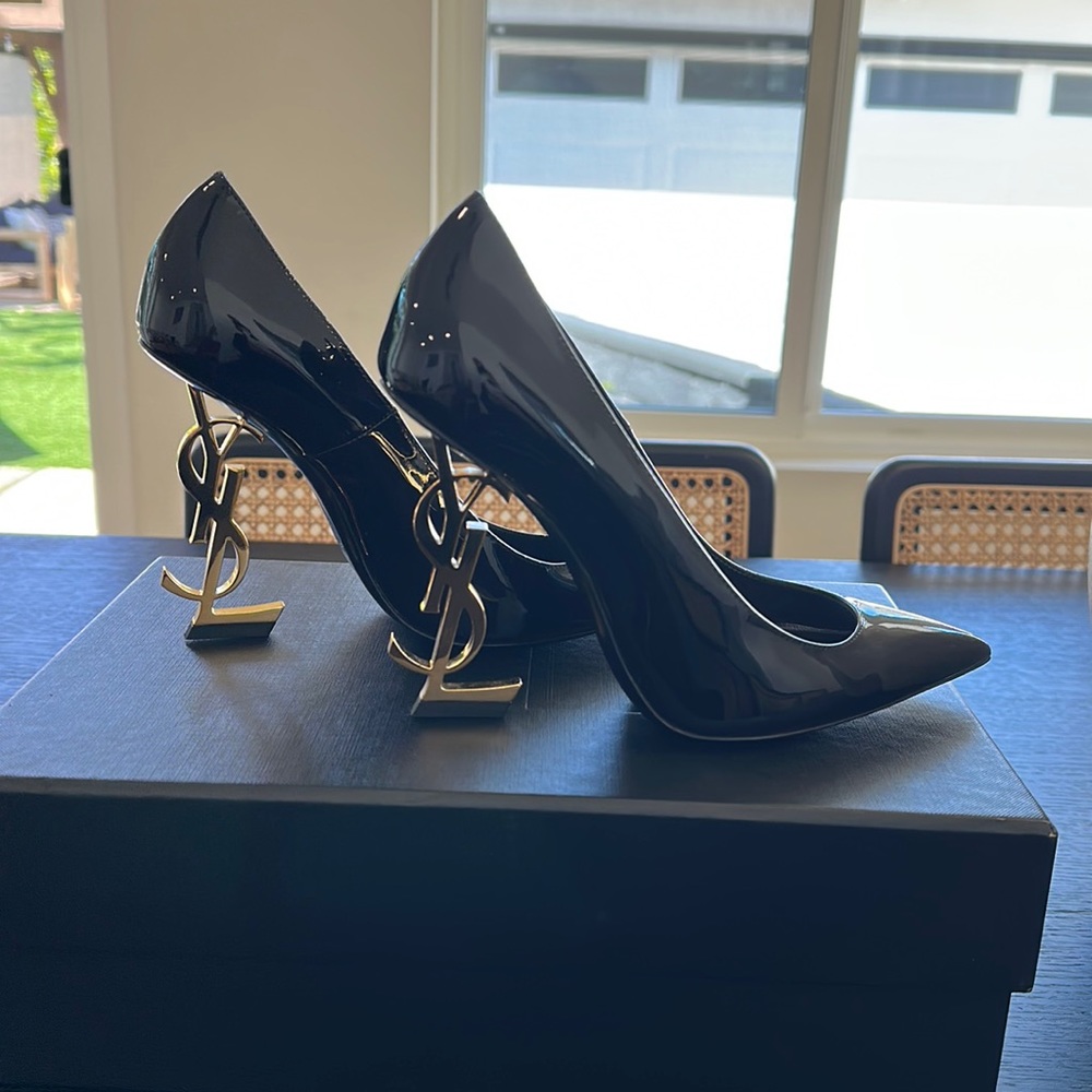 Opyum YSL Patent Leather Pointed-Toe Pumps with Golden Hardware